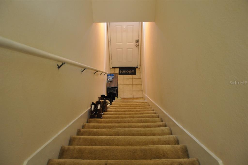 A carpeted staircase leads down to a tiled entryway with a white front door — 3307 GREENWICH VILLAGE BOULEVARD UNIT 205, ORLANDO, FL