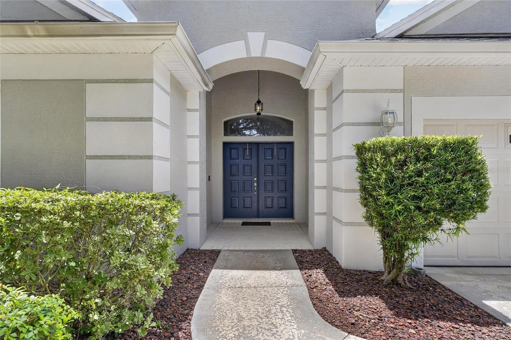 A concrete walkway leads to a covered entryway with a blue double door — 12419 RIVERGLEN DRIVE, RIVERVIEW, FL
