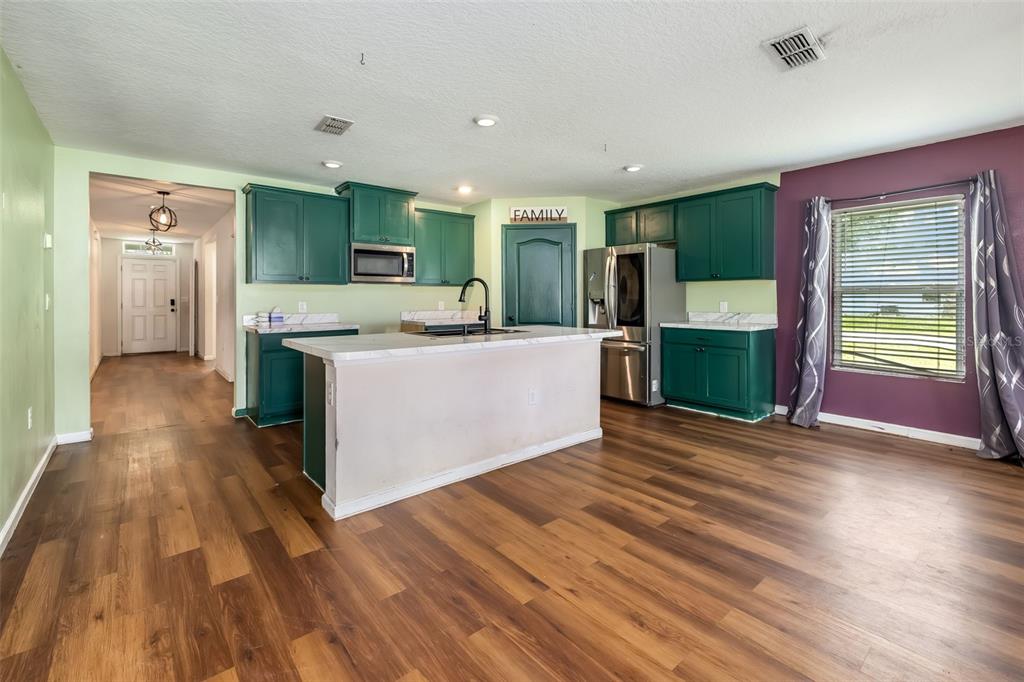 A kitchen features green cabinets, a white island, stainless steel appliances, and wood-look flooring — 54 PATCHOGUE LANE, PALM COAST, FL