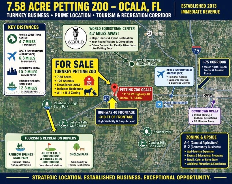This is a map showing the location and key features of a petting zoo property — 11150 W Highway 40, Ocala FL 34482-6840, OCALA, FL