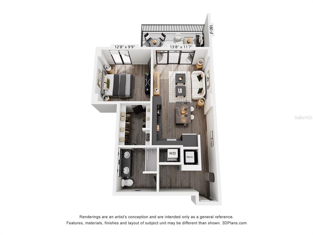 This is a 3D floor plan rendering of a one-bedroom apartment with a private balcony — 221 MAIN STREET N UNIT A2-1102, ST PETERSBURG, FL