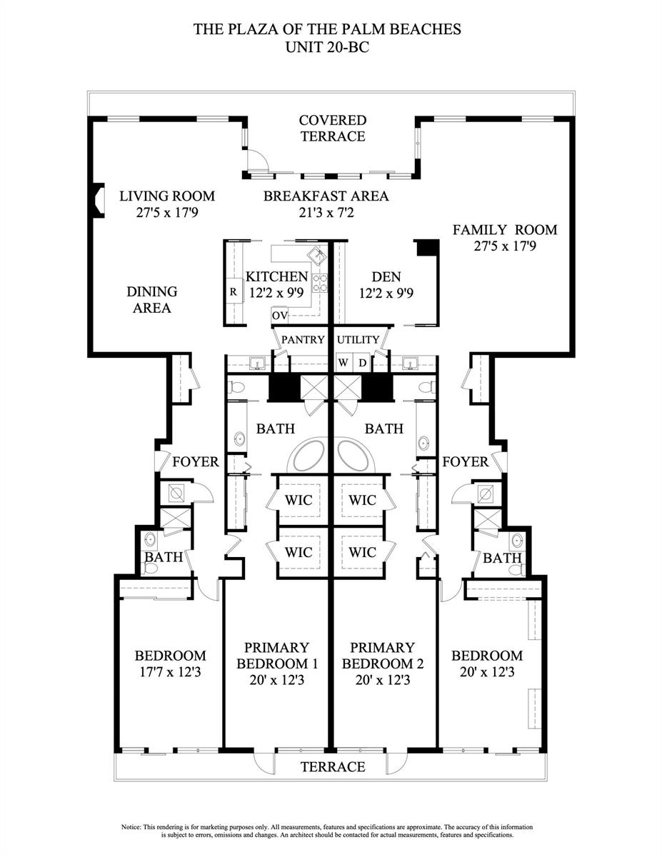 This floor plan shows a residential unit with multiple bedrooms, bathrooms, and two terraces — 525 S Flagler Drive, West Palm Beach FL 33401, WEST PALM BEACH, FL
