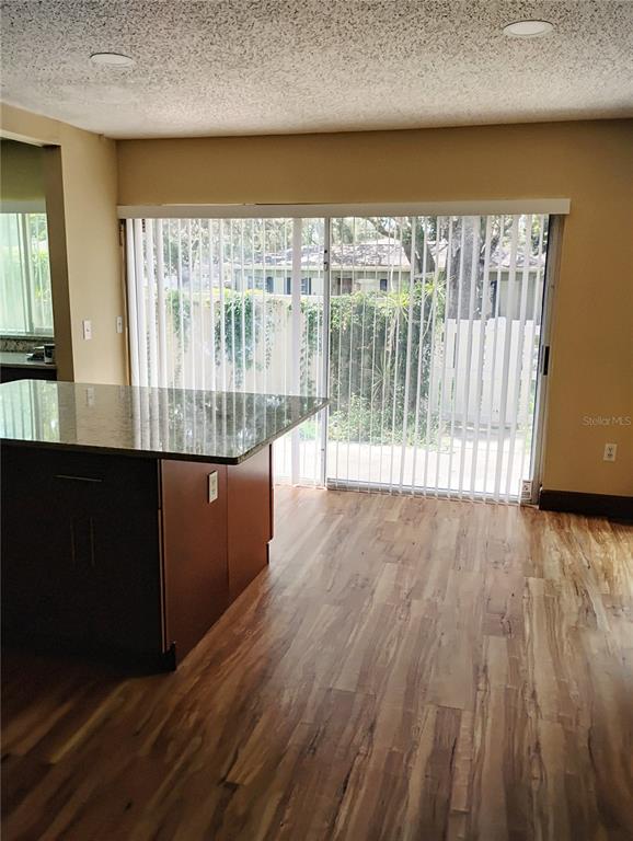 A kitchen island with a granite countertop sits on wood flooring before a sliding glass door — 11721 RAINTREE DRIVE, TAMPA, FL