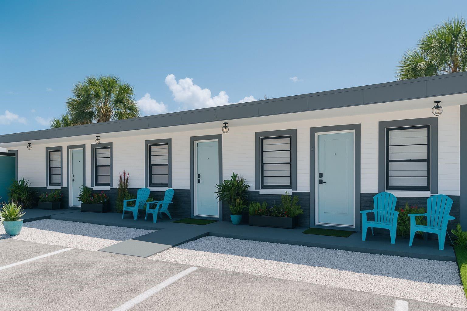 A single-story motel exterior with white siding, gray trim, light blue doors, and turquoise chairs — 1915 N Atlantic Avenue, FL 32118, FL