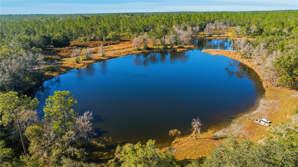 An aerial view shows a large, dark-water pond surrounded by trees and grassy banks — TBD (Lot 2) NE 115TH LANE ROAD, FORT MC COY, FL
