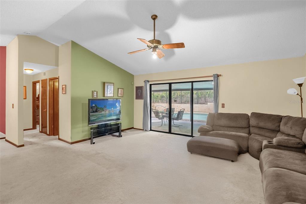 A living room features a vaulted ceiling, green accent wall, carpeted floor, and sliding glass doors — 5428 LIGHTHOUSE ROAD, ORLANDO, FL
