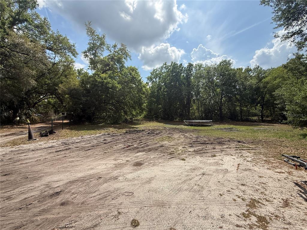 A large, sandy, partially cleared lot is surrounded by mature trees under a cloudy sky — 3424 MAZE LANE, BRANDON, FL