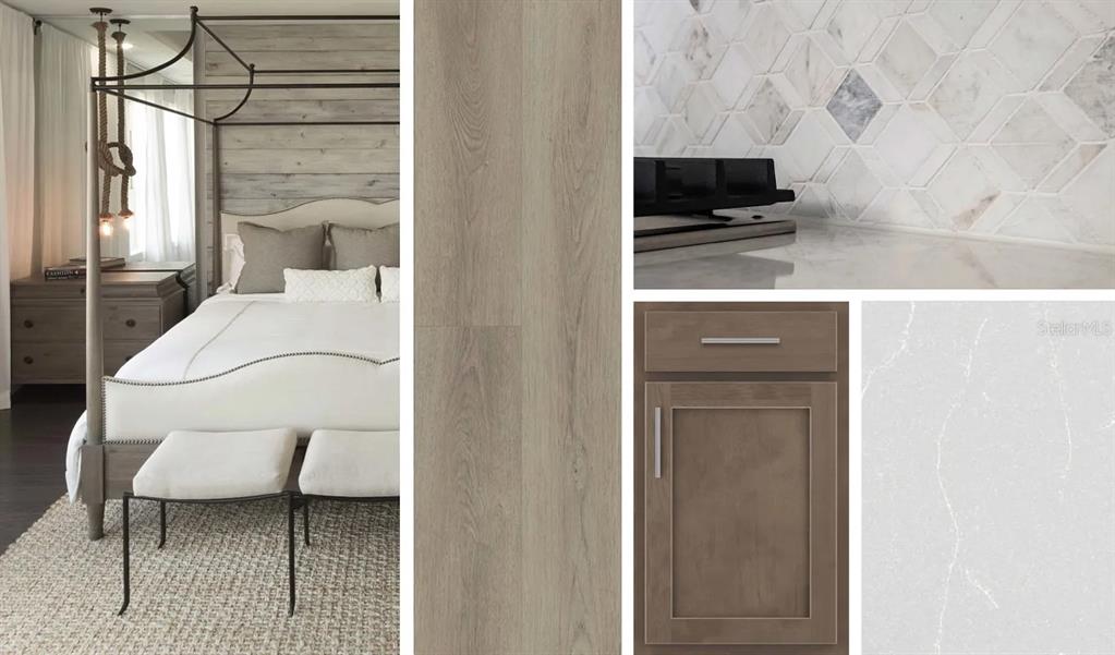 This collage displays a bedroom interior alongside samples of wood flooring, marble tile, cabinetry, and quartz — 5924 FRESH FLORA DRIVE, WIMAUMA, FL