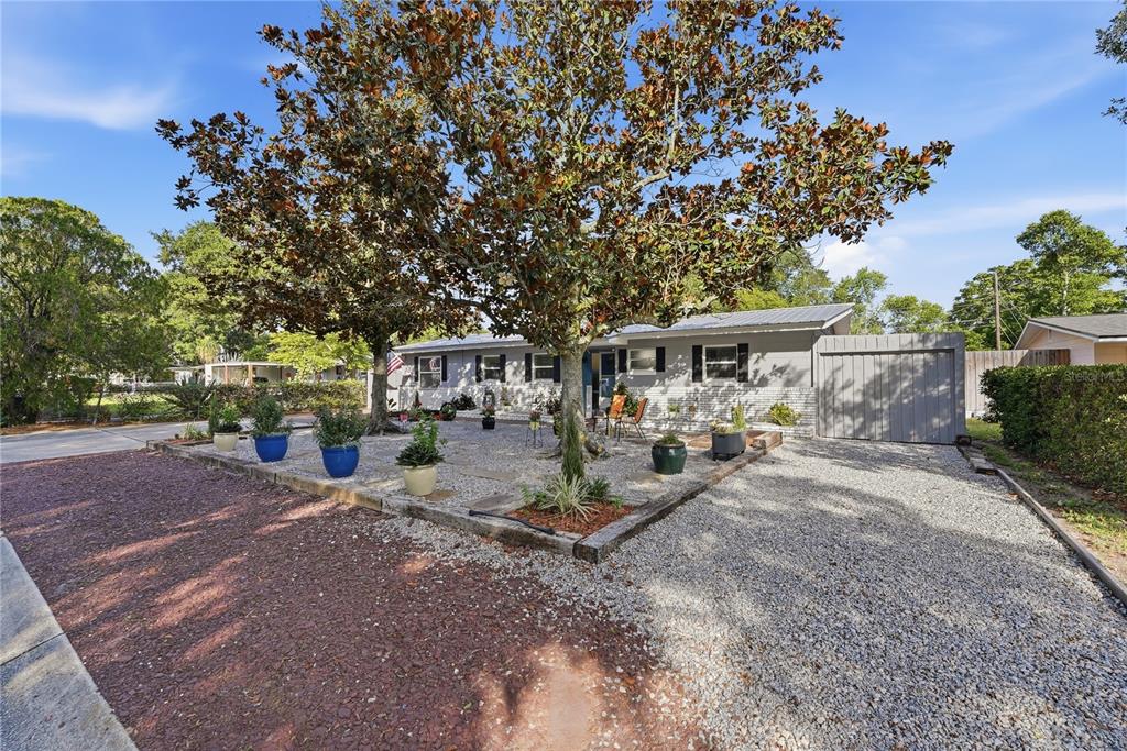 A single-story house with a gravel front yard, large trees, and potted plants — 240 N DEVON AVENUE, WINTER SPRINGS, FL