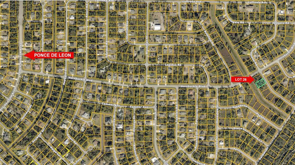 This is an aerial map showing residential lots and street layouts in a suburban neighborhood — LARATONDA ROAD, NORTH PORT, FL