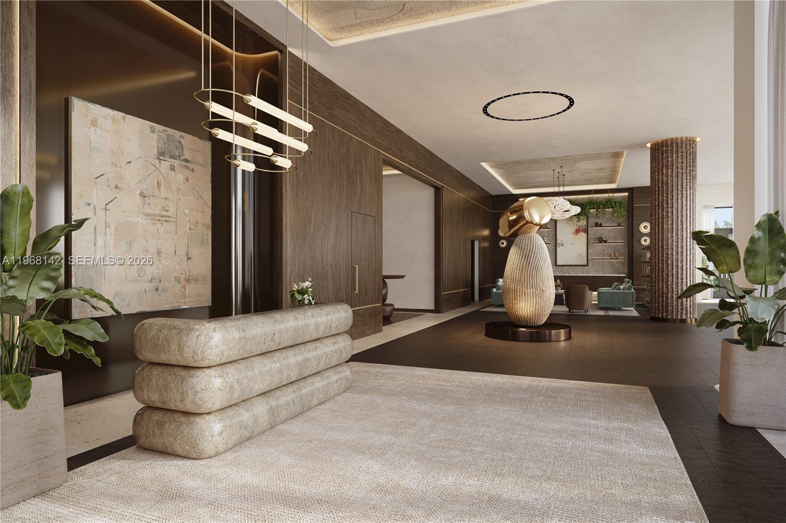 This rendering shows a modern lobby featuring a stone reception desk, wood paneling, and sculpture — 4241 Aurora St # 605, Coral Gables FL 33146, CORAL GABLES, FL