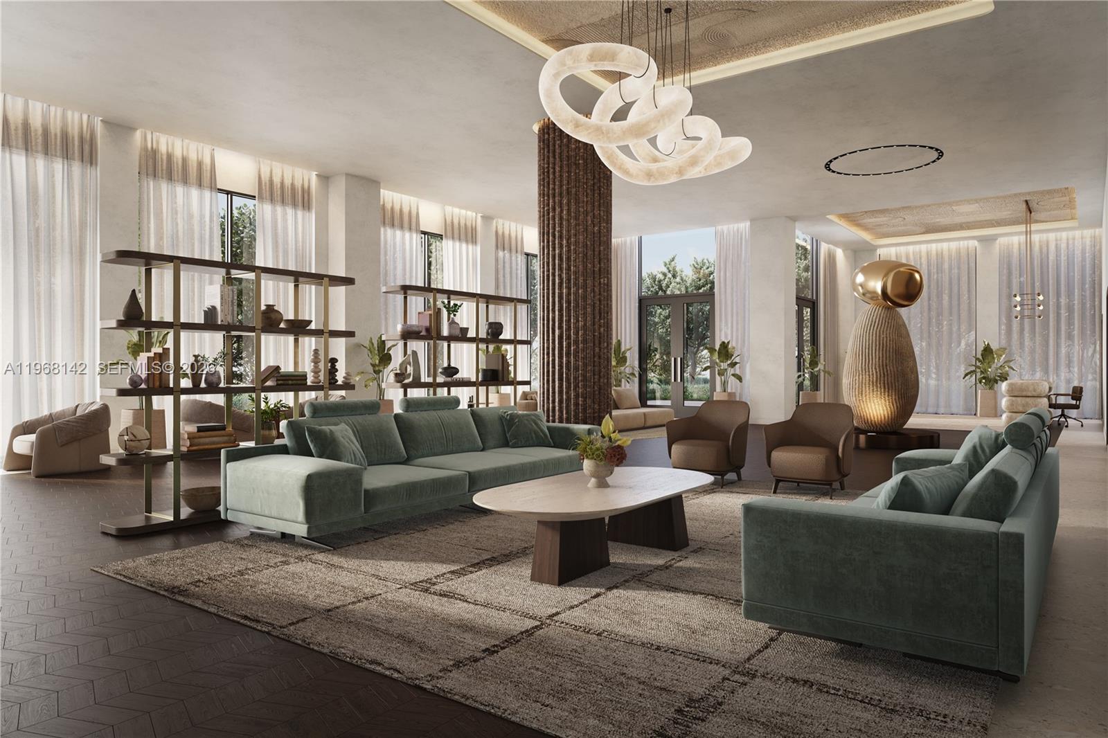 This rendering shows a spacious, modern lounge area with plush green sofas and sculptural lighting — 4241 Aurora St # 605, Coral Gables FL 33146, CORAL GABLES, FL
