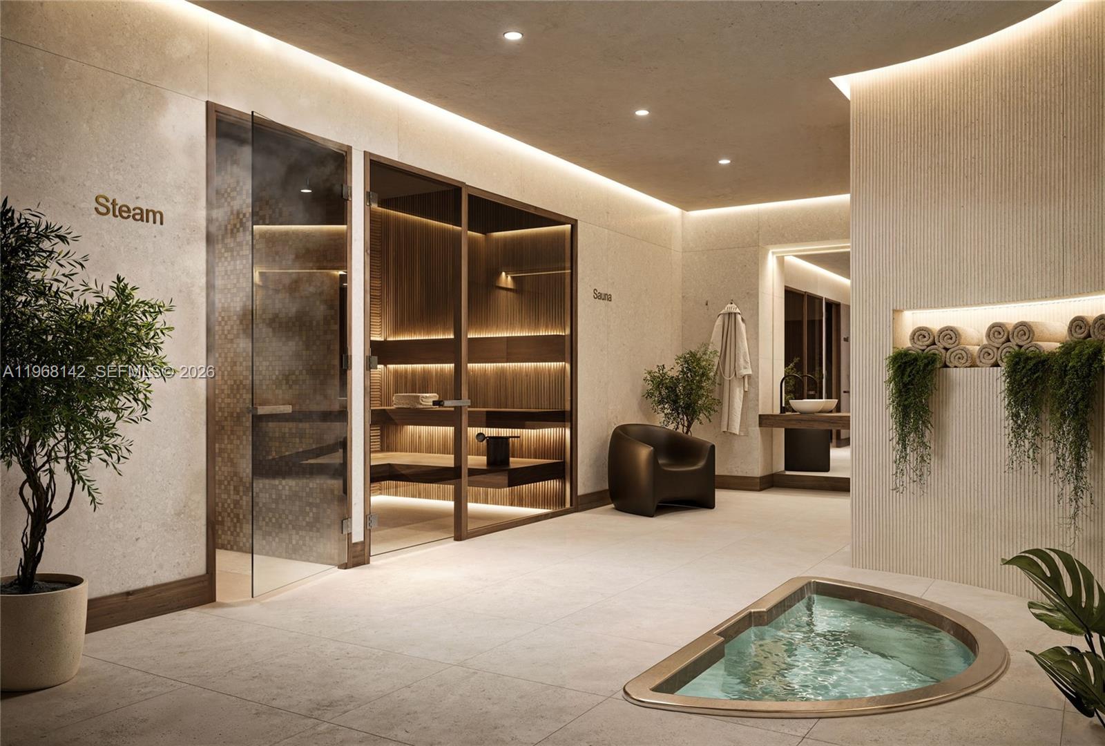 This rendering shows a modern spa room with a steam room, sauna, and plunge pool — 4241 Aurora St # 605, Coral Gables FL 33146, CORAL GABLES, FL