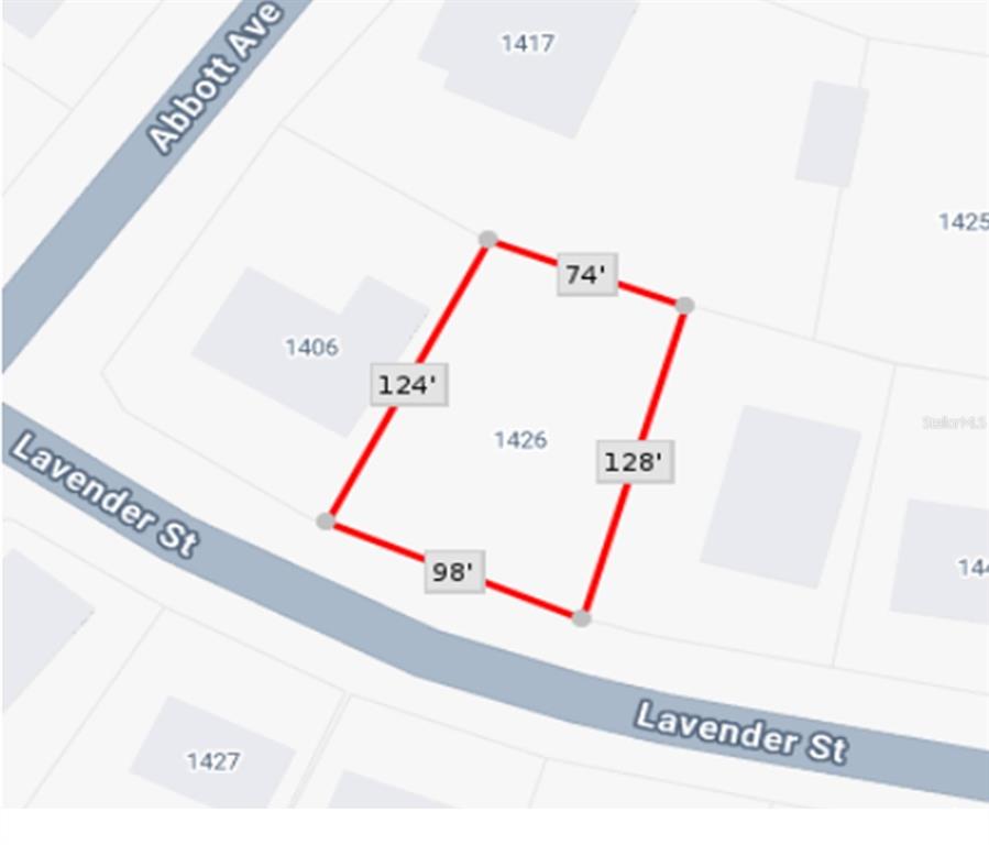 This is a map showing the property boundaries and dimensions of a residential lot — 1426 LAVENDER STREET, DELTONA, FL