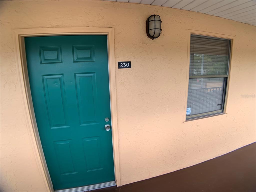 A teal front door with the number 230 and a window on a beige exterior wall — 6880 46TH AVENUE N, ST PETERSBURG, FL