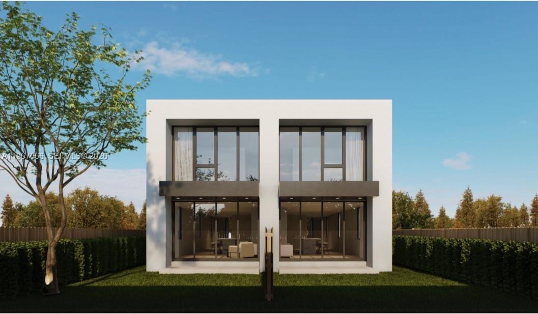 This architectural rendering shows the exterior of a modern two-story duplex with floor-to-ceiling windows — 1810 NW 46th St, Miami FL 33142, MIAMI, FL