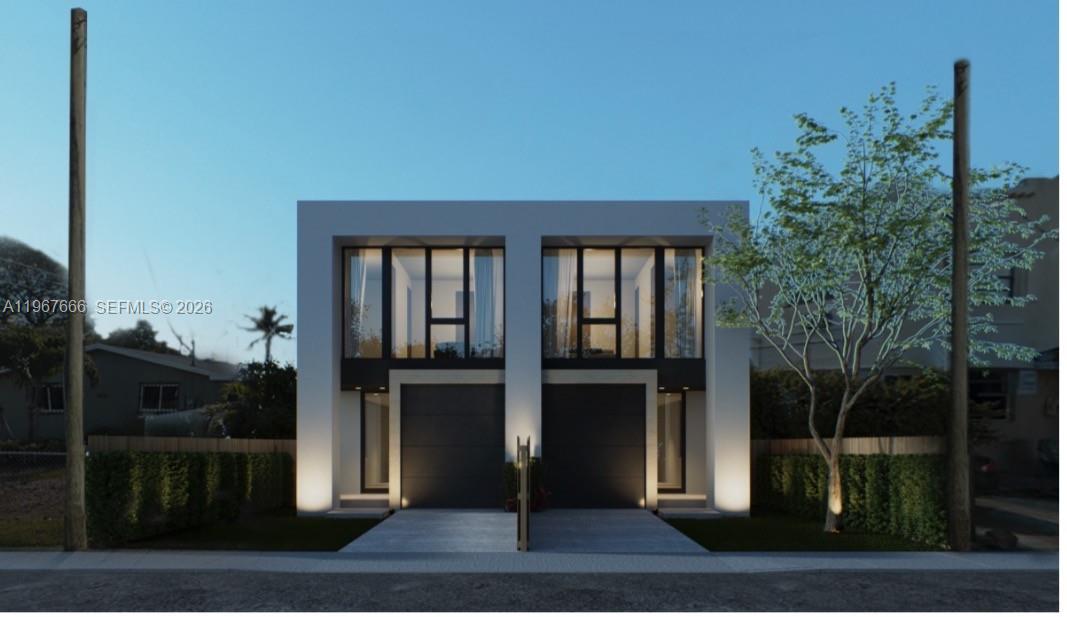 This architectural rendering shows the front exterior of a modern two-unit residential building — 1810 NW 46th St, Miami FL 33142, MIAMI, FL