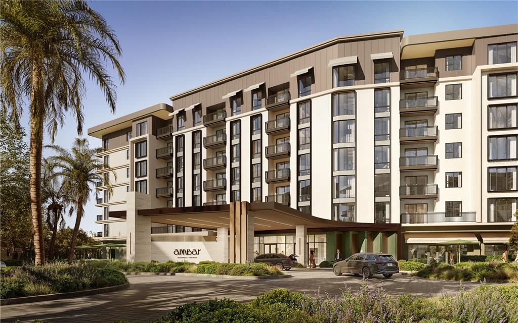 A digital rendering of the exterior of a modern multi-story apartment building with a porte-cochère — 3251 SECRET LAKE DRIVE UNIT 1212, KISSIMMEE, FL