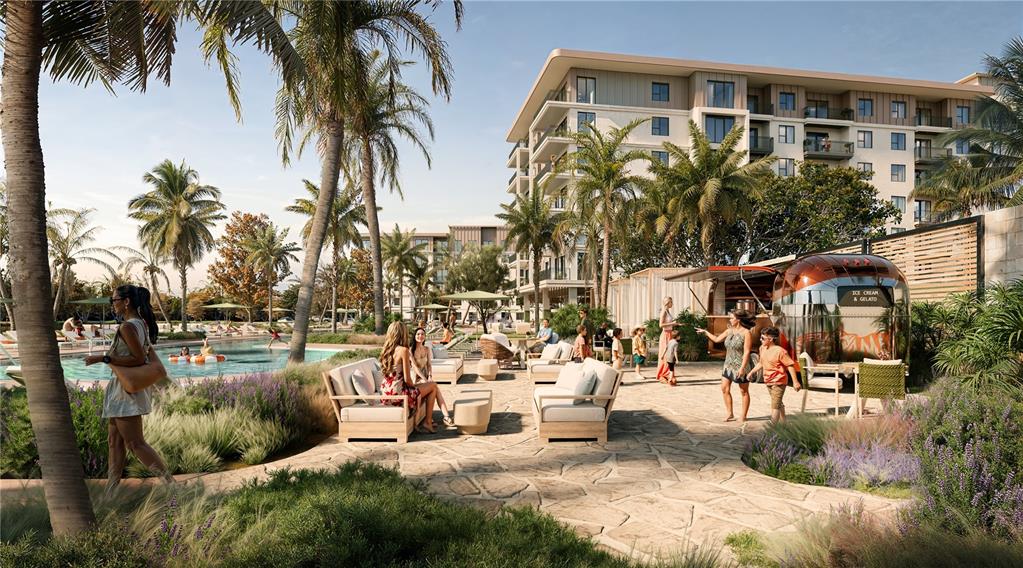 This rendering shows a resort-style pool area with an Airstream food trailer and lounge seating — 3251 SECRET LAKE DRIVE UNIT 1212, KISSIMMEE, FL