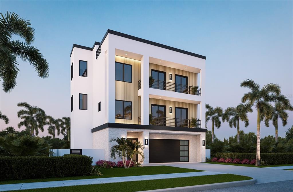 A digital rendering of a modern three-story house with a two-car garage and balconies — 302 176TH AVENUE CIRCLE, REDINGTON SHORES, FL