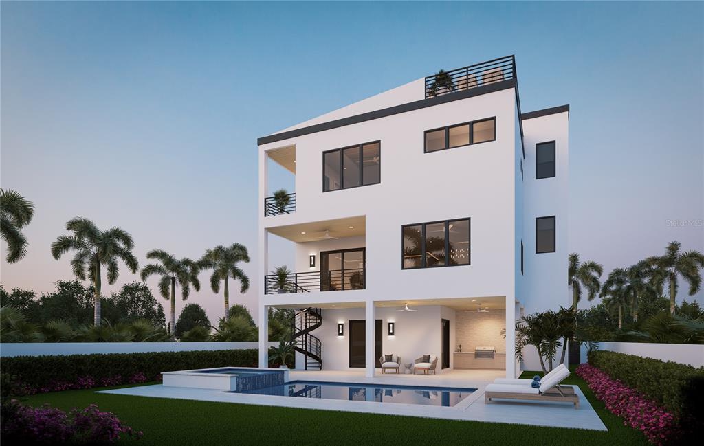 This is a rendering of a three-story modern house with a pool and spiral staircase — 302 176TH AVENUE CIRCLE, REDINGTON SHORES, FL