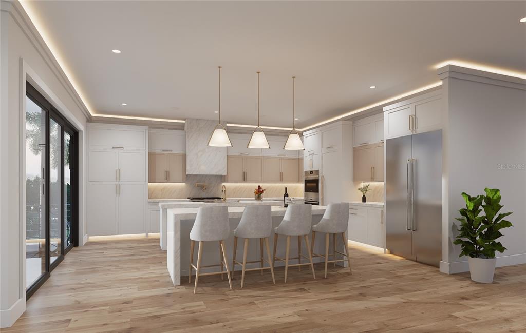 This rendering shows a modern kitchen with white cabinetry, a marble island, and wood flooring — 302 176TH AVENUE CIRCLE, REDINGTON SHORES, FL