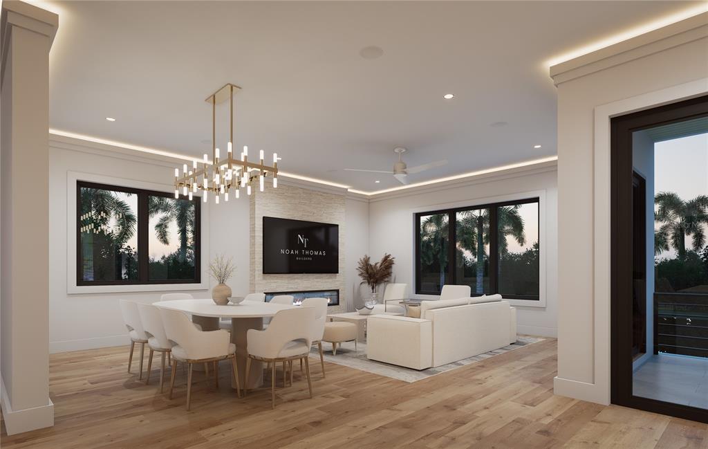 This rendering shows an open-concept living and dining area with modern furniture and hardwood floors — 302 176TH AVENUE CIRCLE, REDINGTON SHORES, FL
