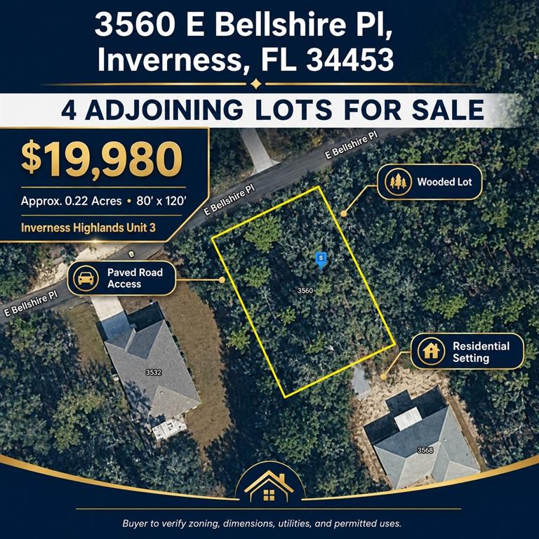 An aerial map shows a wooded residential lot for sale located between two existing houses — 3560 E BELLSHIRE PLACE, INVERNESS, FL