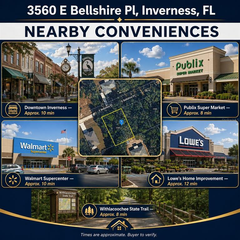 This image is a map and collage showing nearby amenities for a residential property — 3560 E BELLSHIRE PLACE, INVERNESS, FL