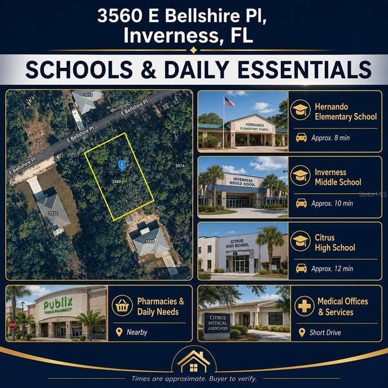 This graphic displays a map of a property lot alongside photos of nearby schools and amenities — 3560 E BELLSHIRE PLACE, INVERNESS, FL