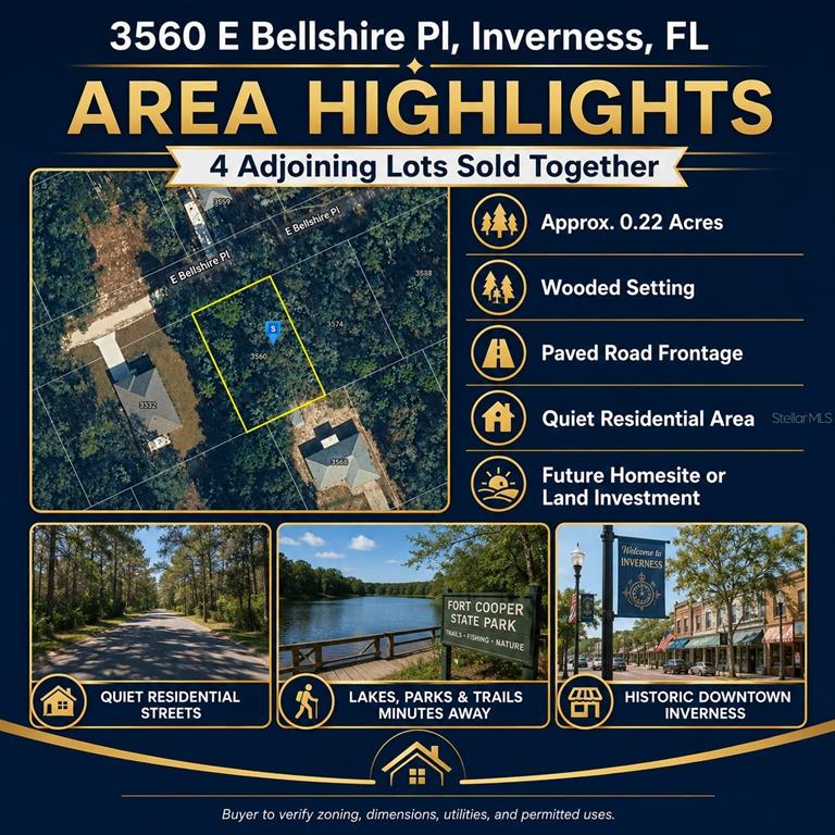 This real estate flyer features an aerial map of a wooded lot and local area photos — 3560 E BELLSHIRE PLACE, INVERNESS, FL