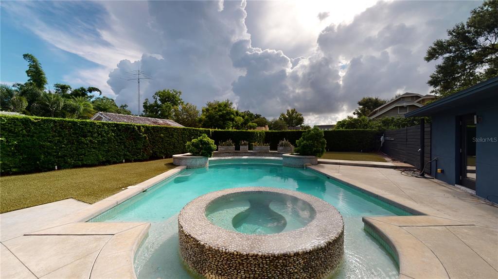 A backyard swimming pool with an integrated circular spa and a tall privacy hedge — 218 S MATANZAS AVENUE, TAMPA, FL