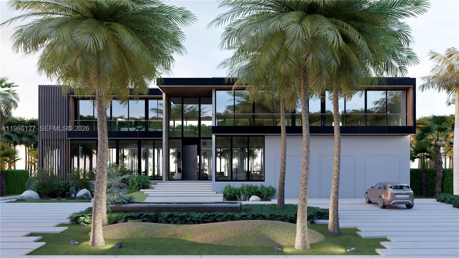 A digital rendering of a modern two-story house with palm trees and a driveway — 268 S Parkway, Golden Beach FL 33160, GOLDEN BEACH, FL