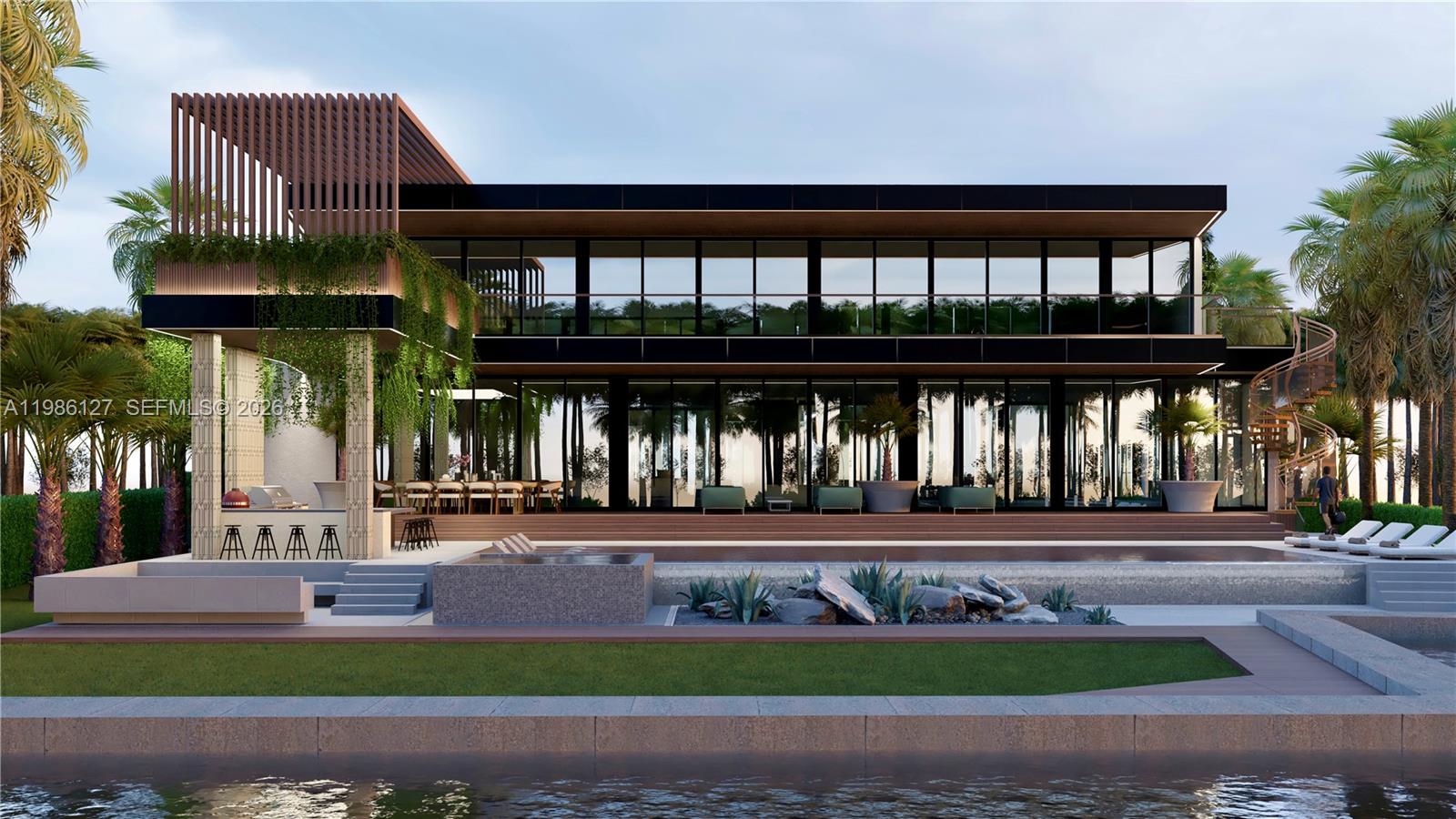 This architectural rendering shows a modern two-story house with a pool, patio, and outdoor kitchen — 268 S Parkway, Golden Beach FL 33160, GOLDEN BEACH, FL