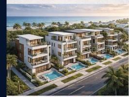 A digital rendering shows a row of modern multi-story townhomes with pools near the ocean — 900 S ATLANTIC AVENUE, NEW SMYRNA BEACH, FL