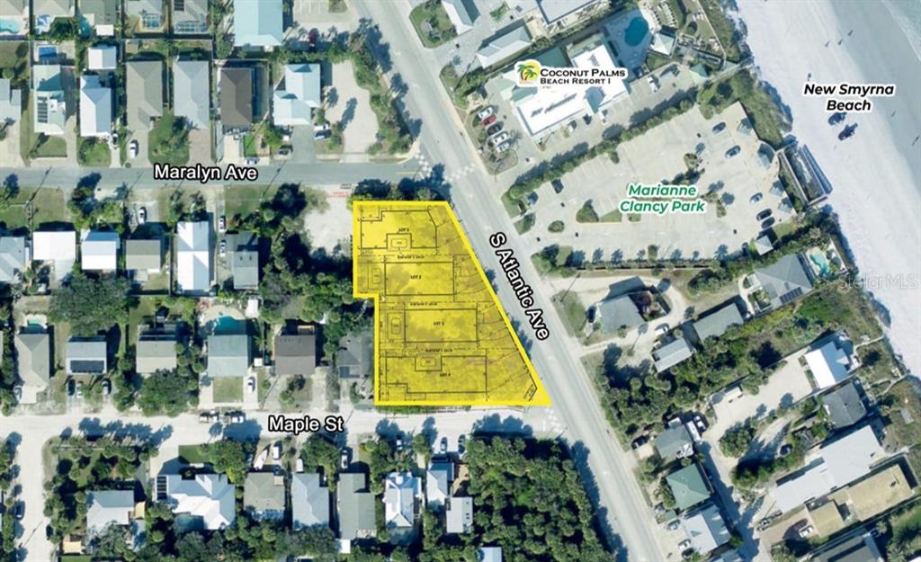 This aerial map shows a highlighted vacant lot located between S Atlantic Ave and Maple St — 900 S ATLANTIC AVENUE, NEW SMYRNA BEACH, FL