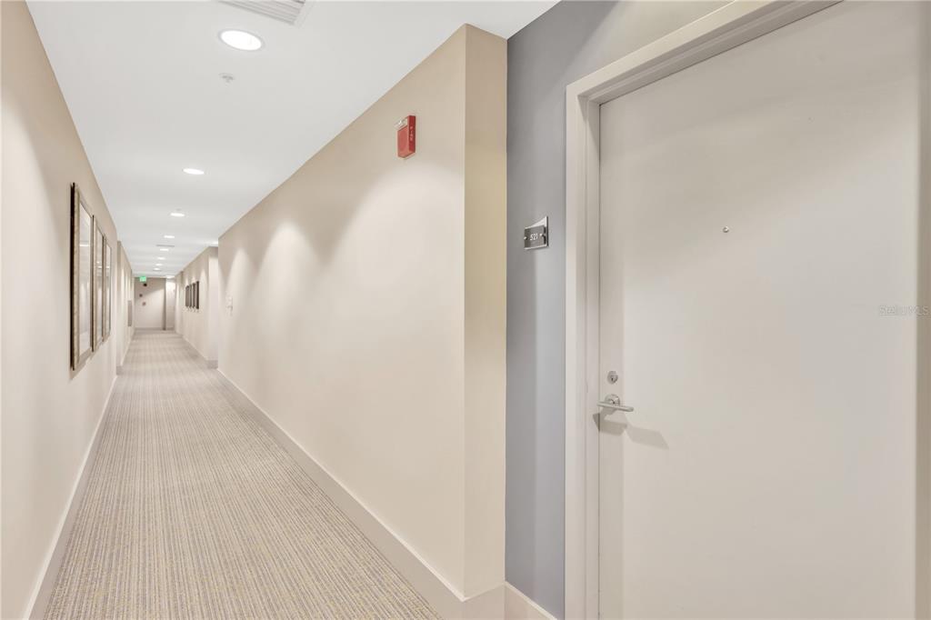 A long, carpeted apartment hallway with a white door labeled 521 on the right — 145 2ND AVENUE S UNIT 521, ST PETERSBURG, FL