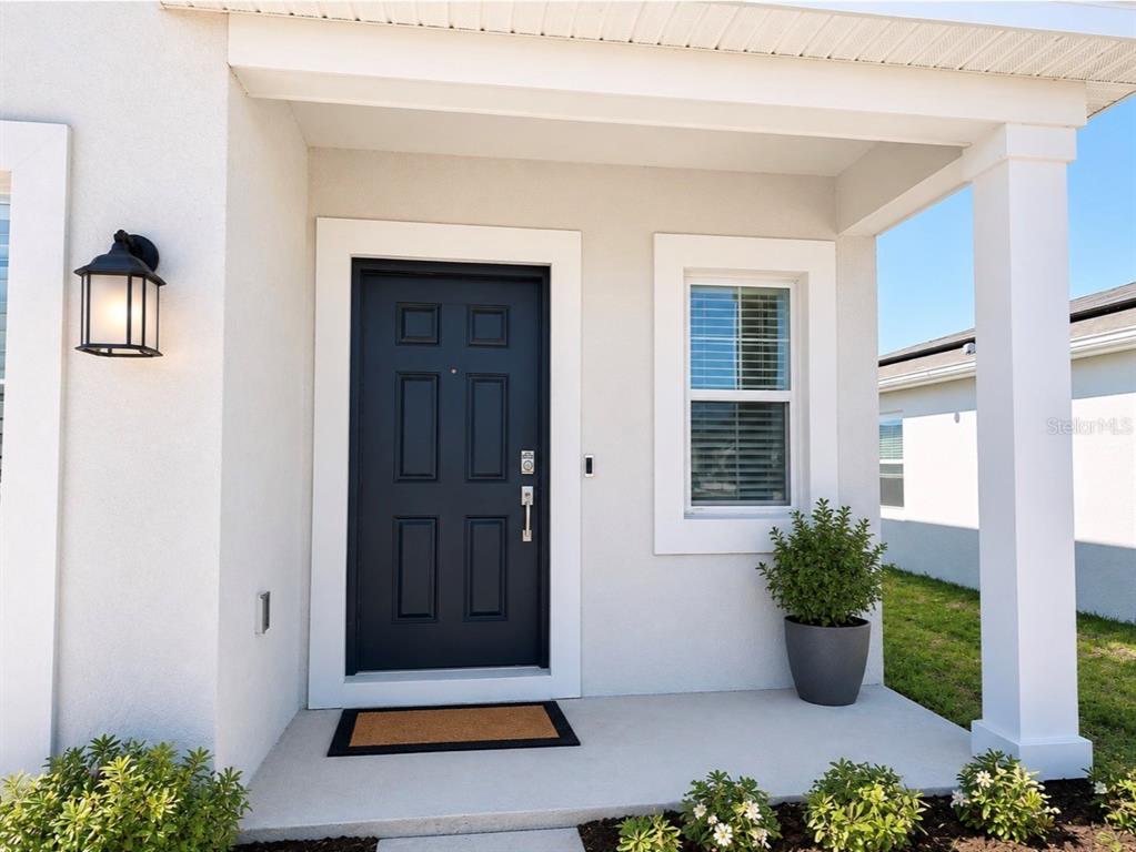 A dark front door with a window and a potted plant sits on a covered porch — 924 SERCHIO STREET, HAINES CITY, FL