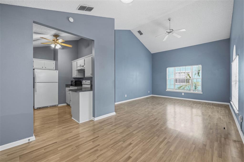 An open-concept living area with light wood flooring, blue walls, and an adjacent kitchen — 3002 W CLEVELAND STREET UNIT A8, TAMPA, FL