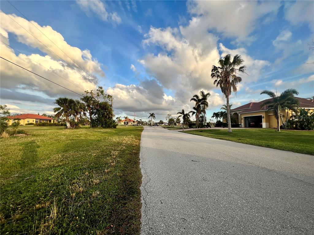 A paved road runs through a residential neighborhood with palm trees and houses under clouds — 24268 PEPPERCORN ROAD, PUNTA GORDA, FL