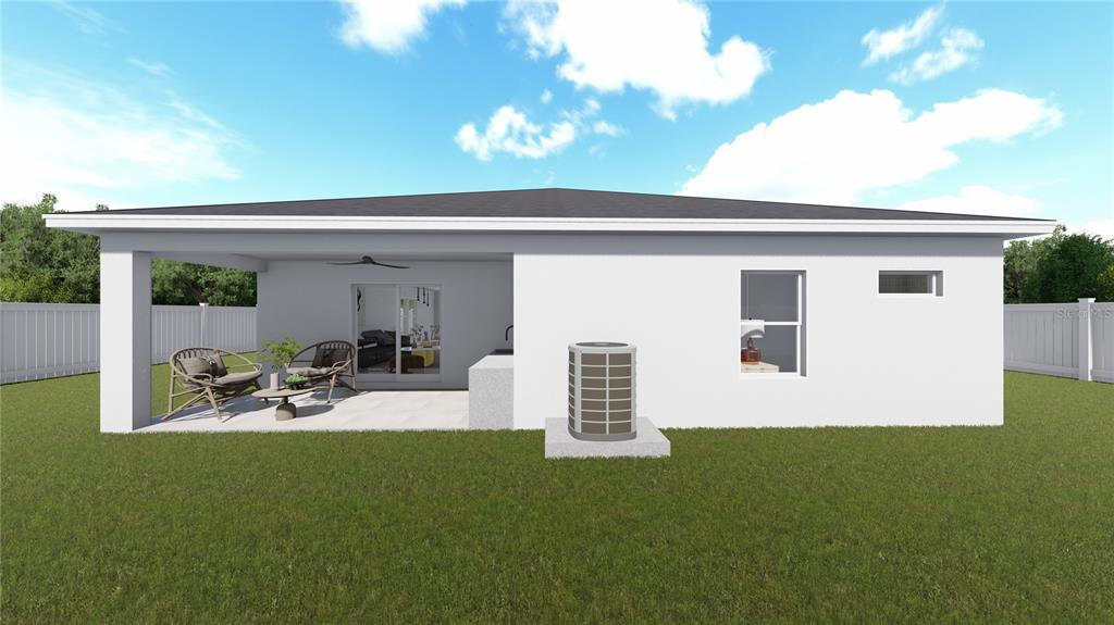 This is a digital rendering of the rear exterior of a house with a covered patio — 2225 JACOBS STREET, PORT CHARLOTTE, FL