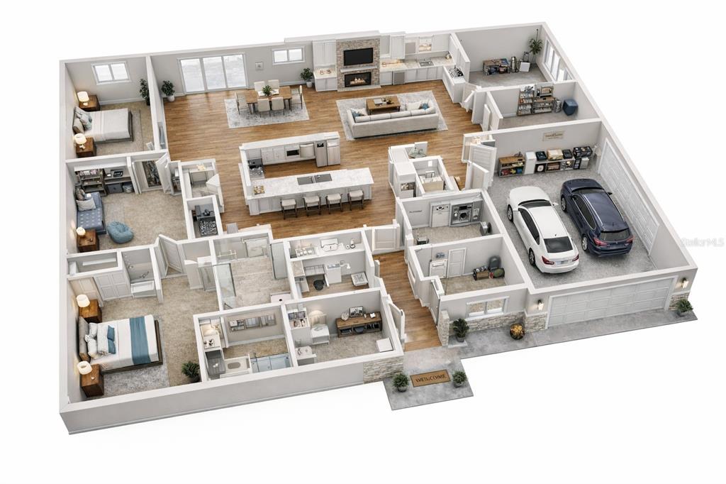 This is a 3D floor plan rendering of a single-story house with a two-car garage — 2225 JACOBS STREET, PORT CHARLOTTE, FL