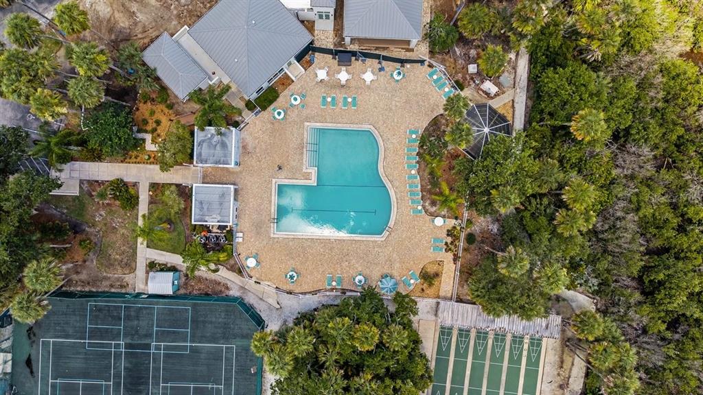 An aerial view shows a swimming pool, tennis courts, and shuffleboard courts surrounded by trees — 316 PORTSIDE LANE, EDGEWATER, FL