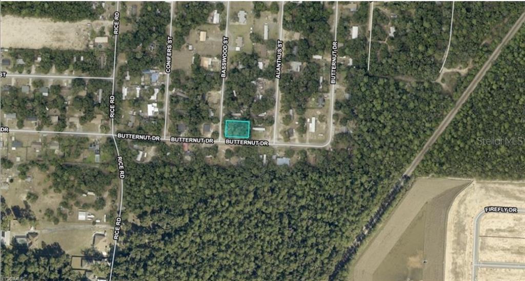 This is an aerial map showing a highlighted vacant lot located along Butternut Drive — 6425 BUTTERNUT DRIVE, MILTON, FL