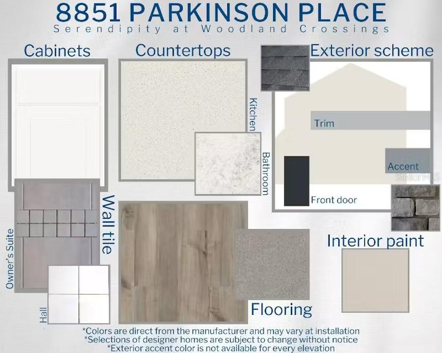 This design board displays interior and exterior finish selections for a residential property — 8851 PARKINSON PLACE, WILDWOOD, FL