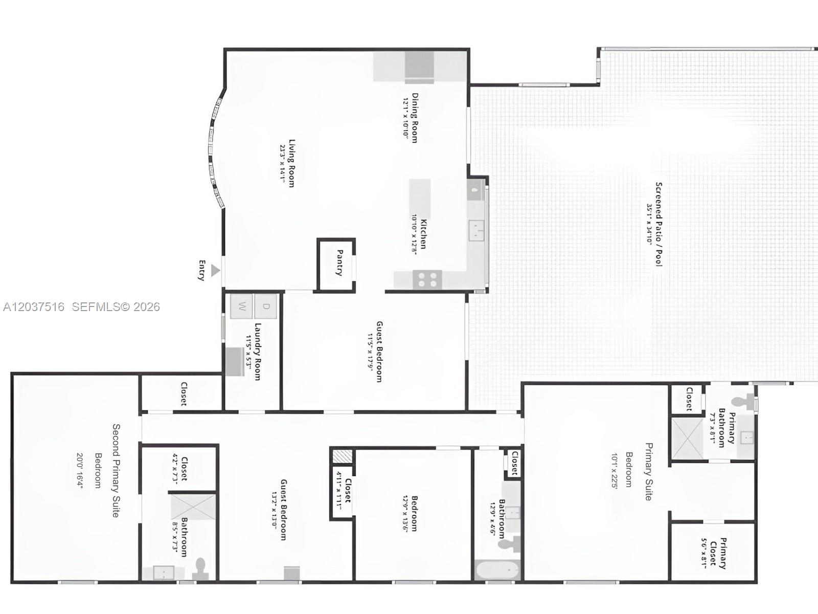 This is a floor plan of a house featuring five bedrooms, a pool, and a patio — 1911 N 53rd Ave, Hollywood FL 33021, HOLLYWOOD, FL