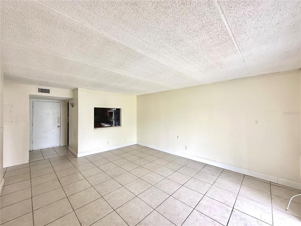 An empty living room features light-colored floor tiles, white walls, and a kitchen pass-through window — 2830 SOMERSET PARK DRIVE UNIT 201, TAMPA, FL