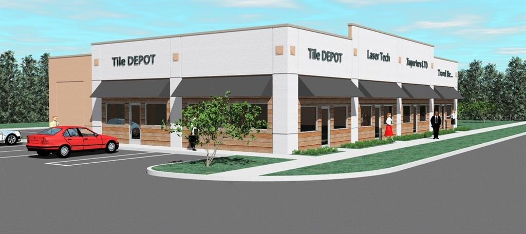 This is a digital rendering of a single-story commercial strip mall with multiple storefronts — 851 9TH STREET, WINTER GARDEN, FL