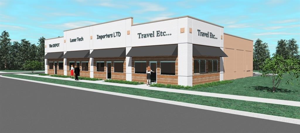 This is a digital rendering of a single-story commercial strip mall with multiple storefronts — 851 9TH STREET, WINTER GARDEN, FL