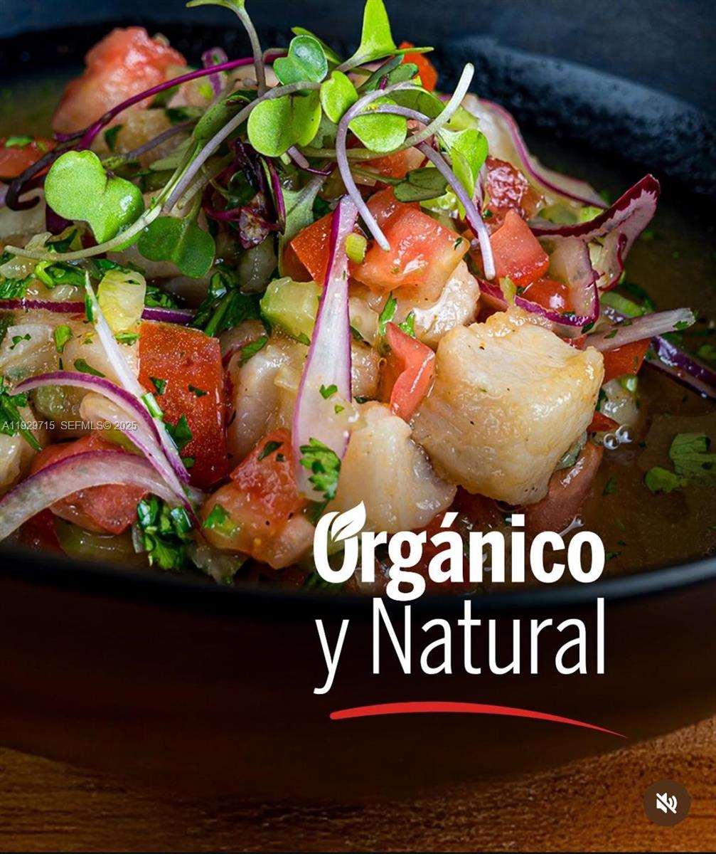 A close-up shot of a bowl of ceviche topped with fresh microgreens and red onions — 2491 SW 147, Miami FL 33185, MIAMI, FL